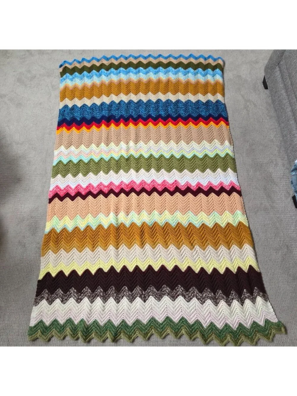 Vintage Handmade Colorful Rainbow Chevron Blanket Afghan 90